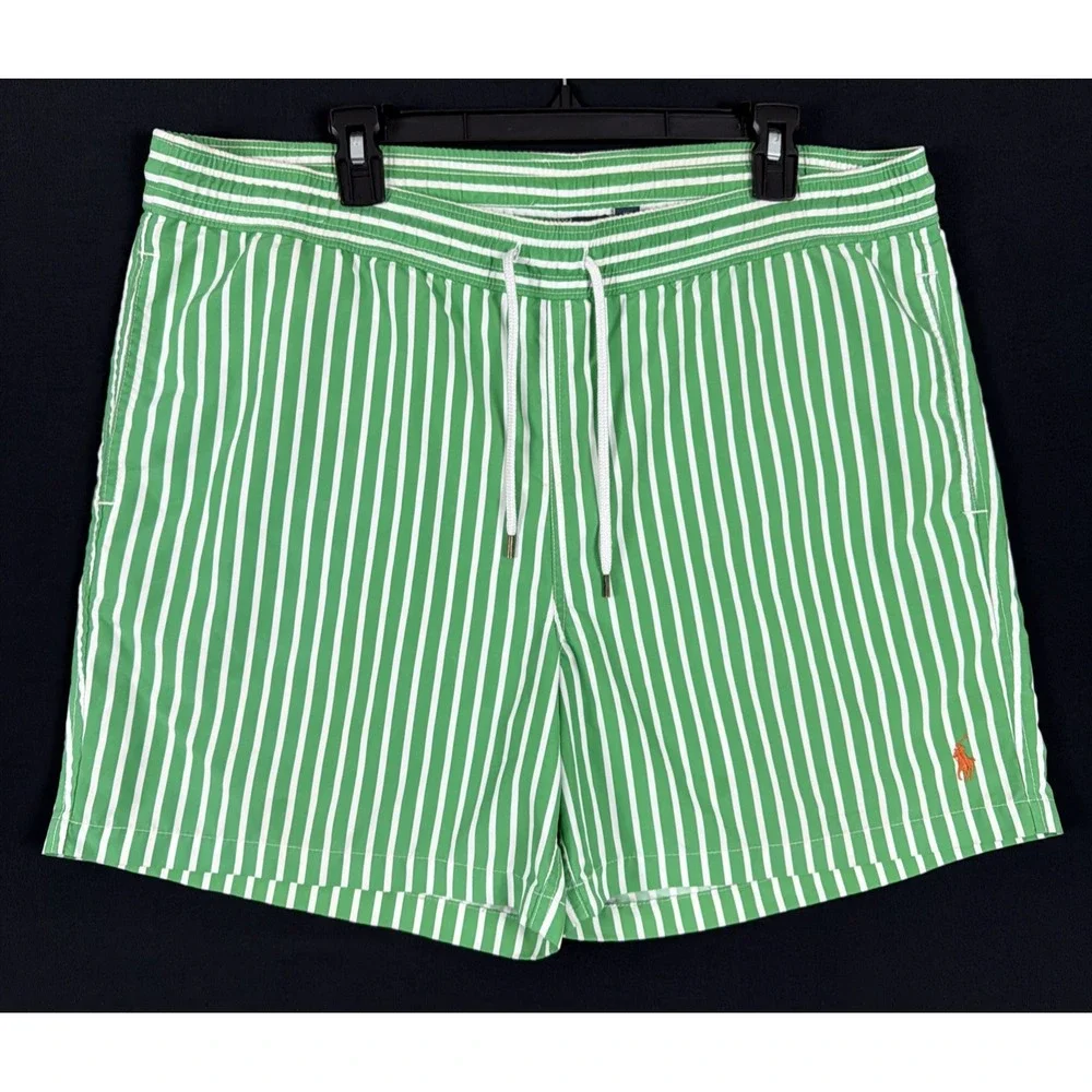 Polo Ralph Lauren Green White Striped Swim Trunks Shorts Men's Size L Swimwear